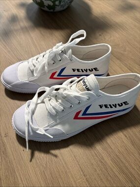 Feiyue White Canvas Sneakers with Red & Blue Chevron